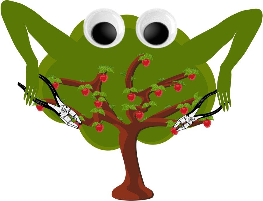 Illustration of a tree bearing apples, pruned by robotic shears, for the SeedTree paper