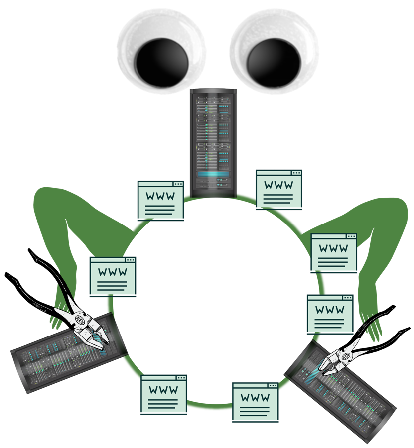 Illustration of a spider-shaped network connecting web pages and servers for the Hash and Adjust paper